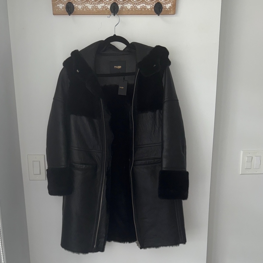 Maje Black Leather Shearling Fur Trim Jacket